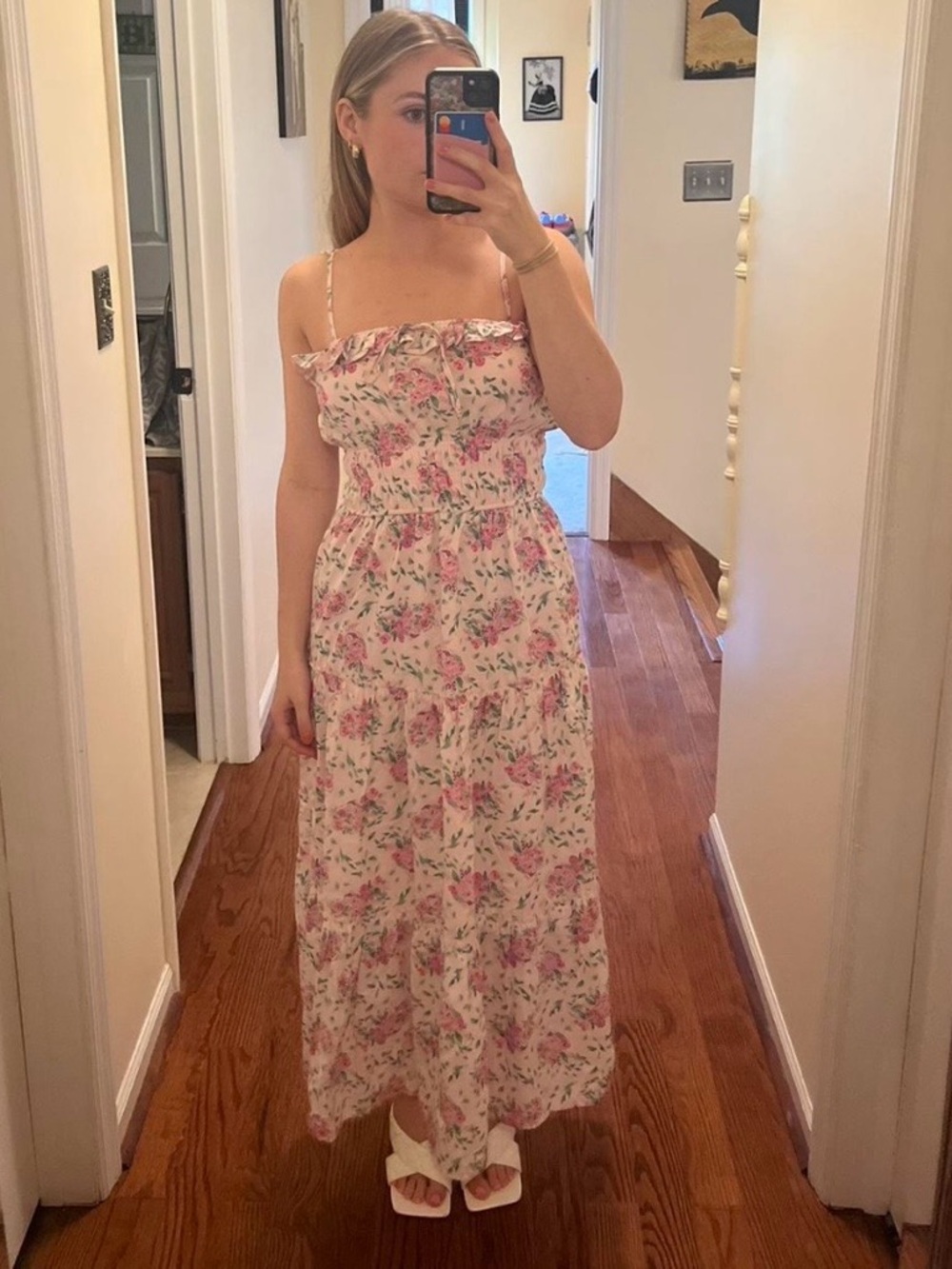 Francesca's Collections Pink Floral Ruffle-Top Maxi Dress